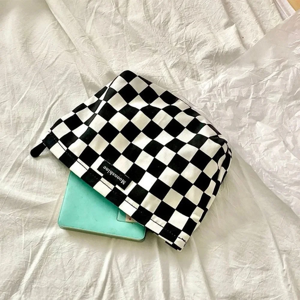 Black White Plaid Makeup Capacity Cosmetics Storage Portable Toiletry Bag goth
